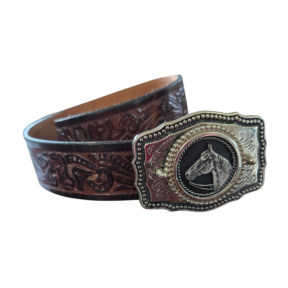 Vintage Western Floral Tooled Leather Belt Horse Head Trophy Buckle Sz 30 NEW